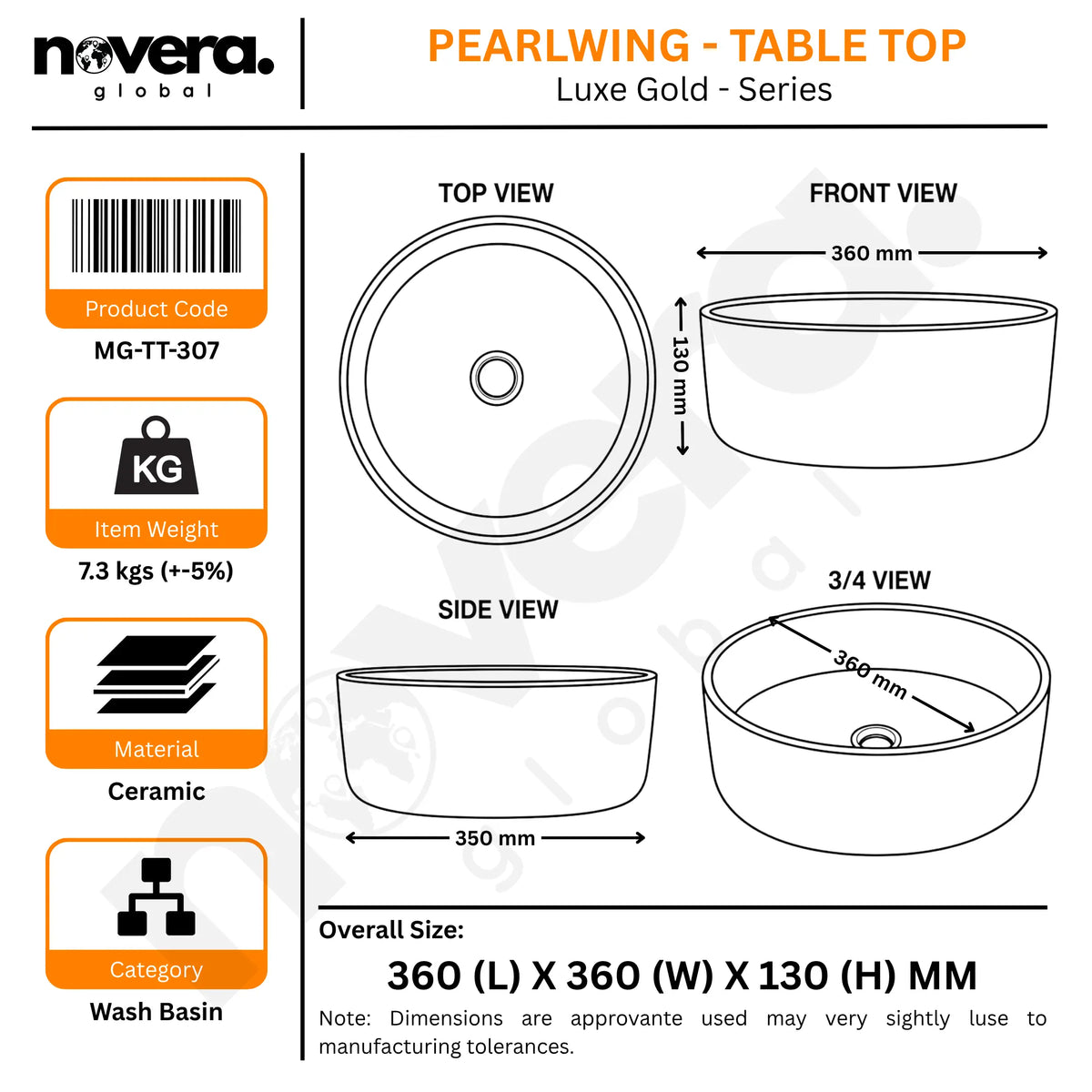 Novera Global Pearlwing Round Table Top Wash Basin with Butterfly Design, Mirror Gold & White Ceramic, 5-Year Warranty Novera Global