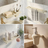 Collage of bathroom fixtures including a soap dish, towel rack, and soap dispenser.