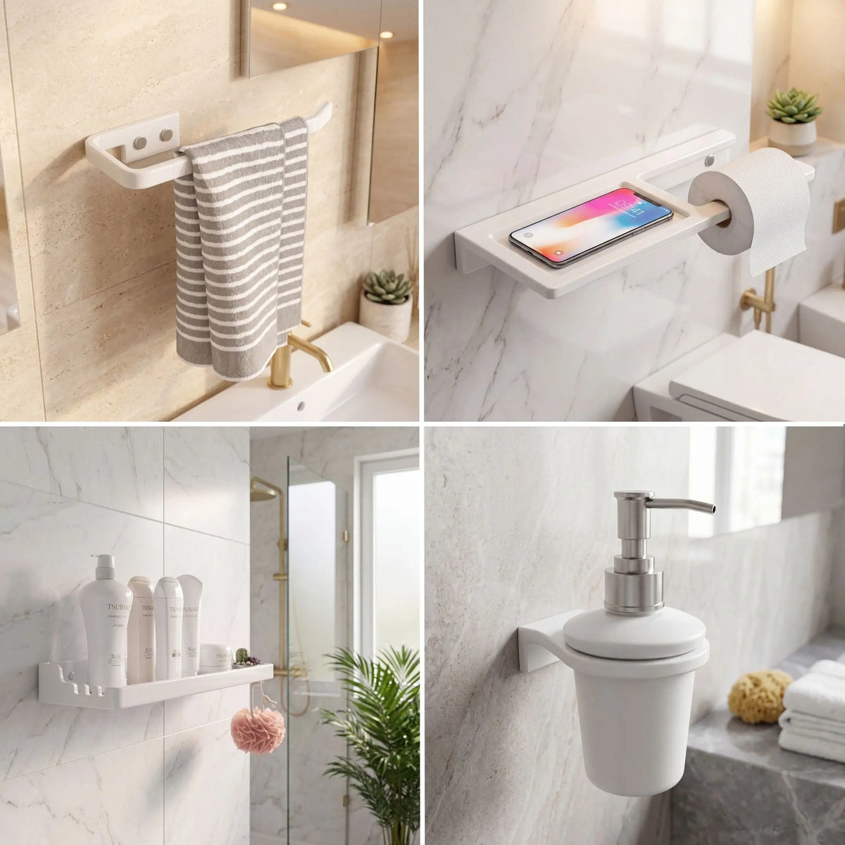 Novera Global Ceramic Corner Shelf Installed in Modern Bathroom for Towel, Toilet Paper, Soap Dispenser and Shower Storage