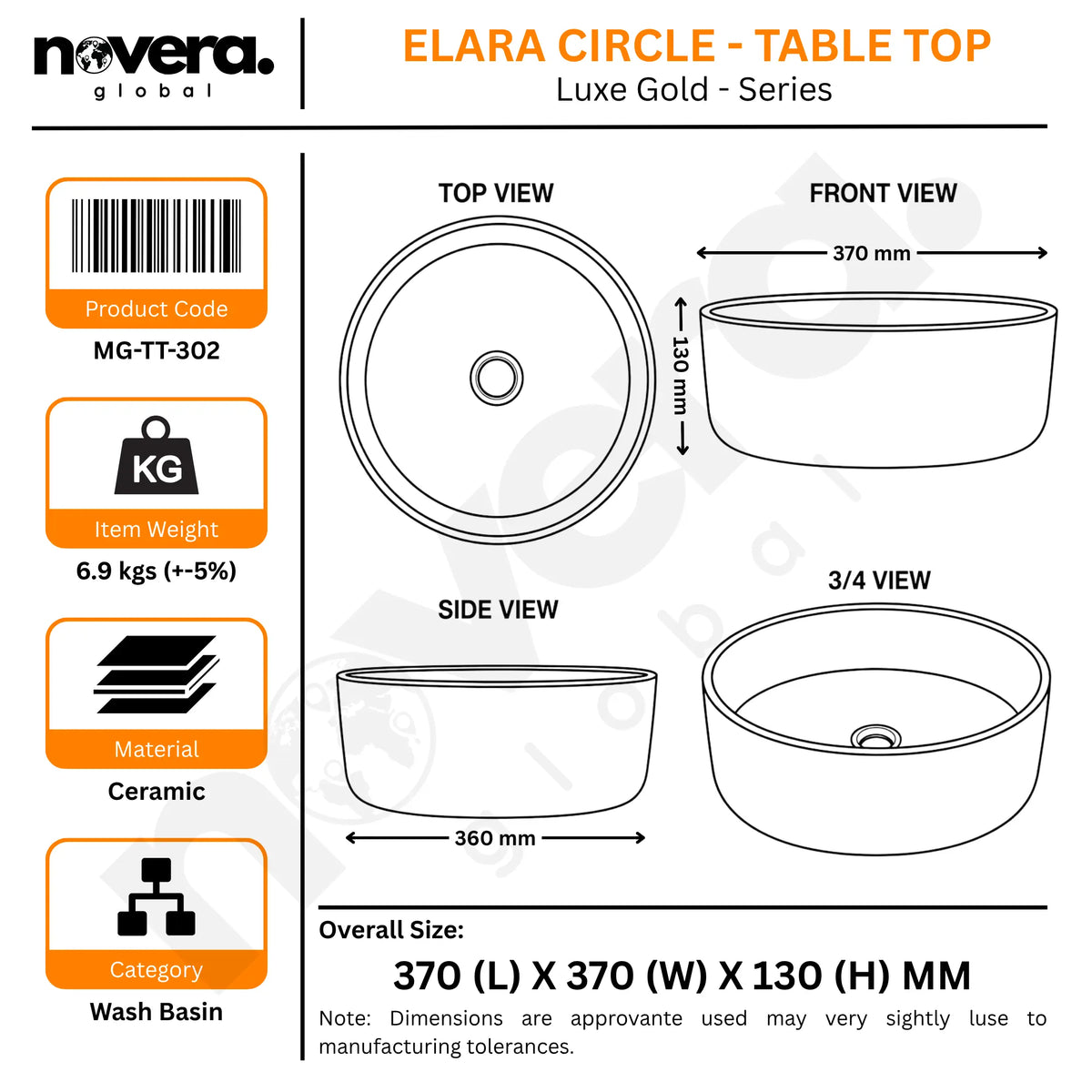 Novera Global Ceramic Table Top Wash Basin | Glossy Finish Round Vessel Sink | Above Counter Vessel Sink for Bathroom Vanity | 5-Years Warranty | Imported Glossy Countertop Wash Bowl (Rose Gold) Novera Global