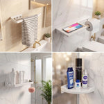 Collage of bathroom shelves with towels, phone, and toiletries.