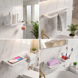 Collage of bathroom fixtures including a shelf, towel rack, and sink area.