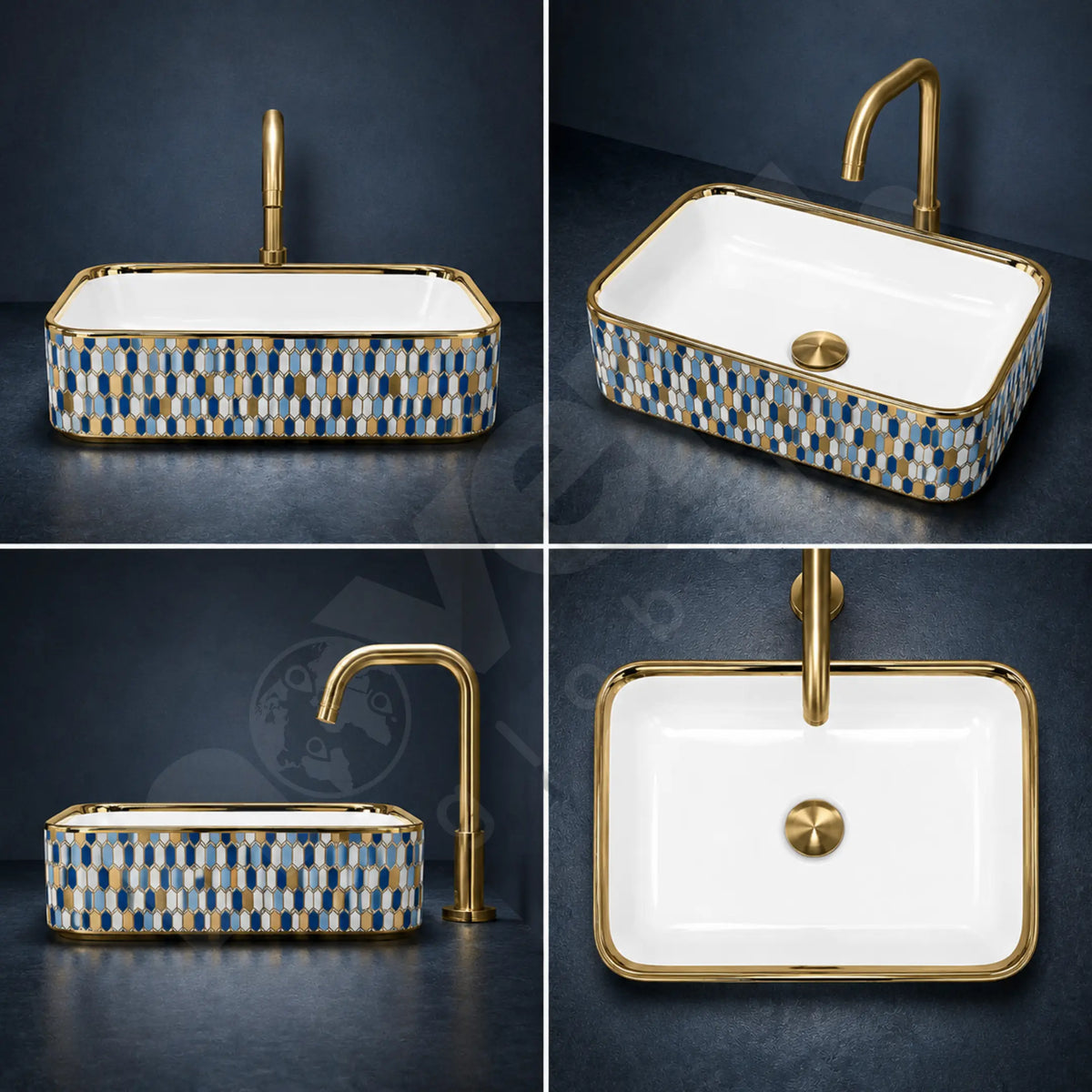 Novera Global Ceramic Table Top Wash Basin | Glossy Gold Rectangular Vessel Sink | Above Counter Vessel Sink for Bathroom Vanity | 5-Year Warranty | Glossy Countertop Wash Bowl (Blue Gold Mosaic) Novera Global