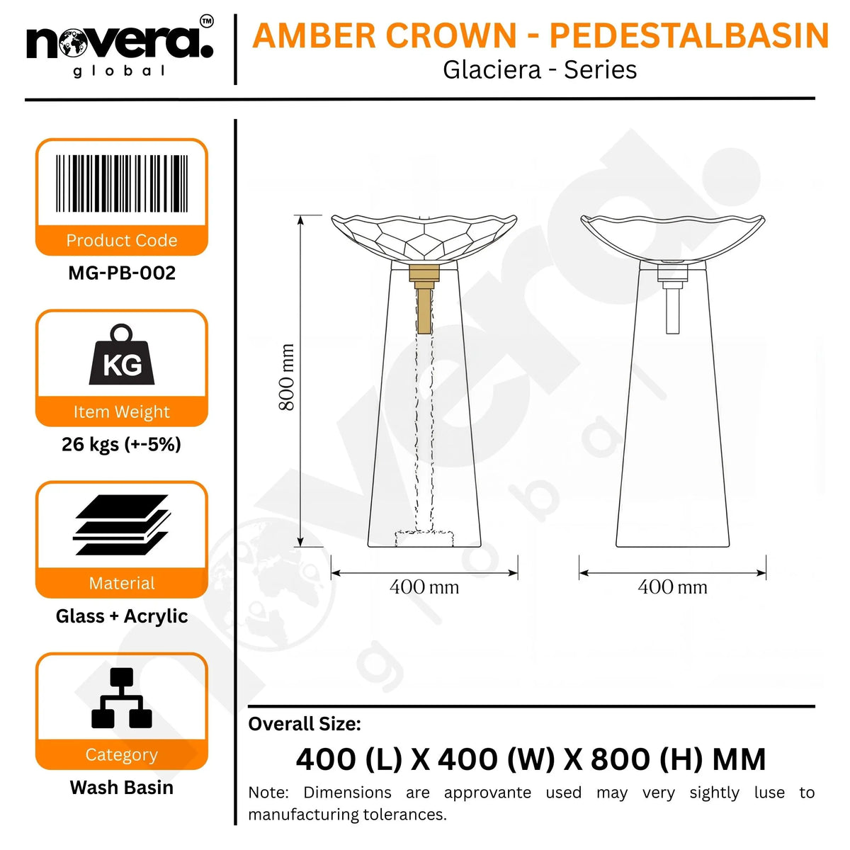 Product information sheet for a wash basin with dimensions and specifications.
