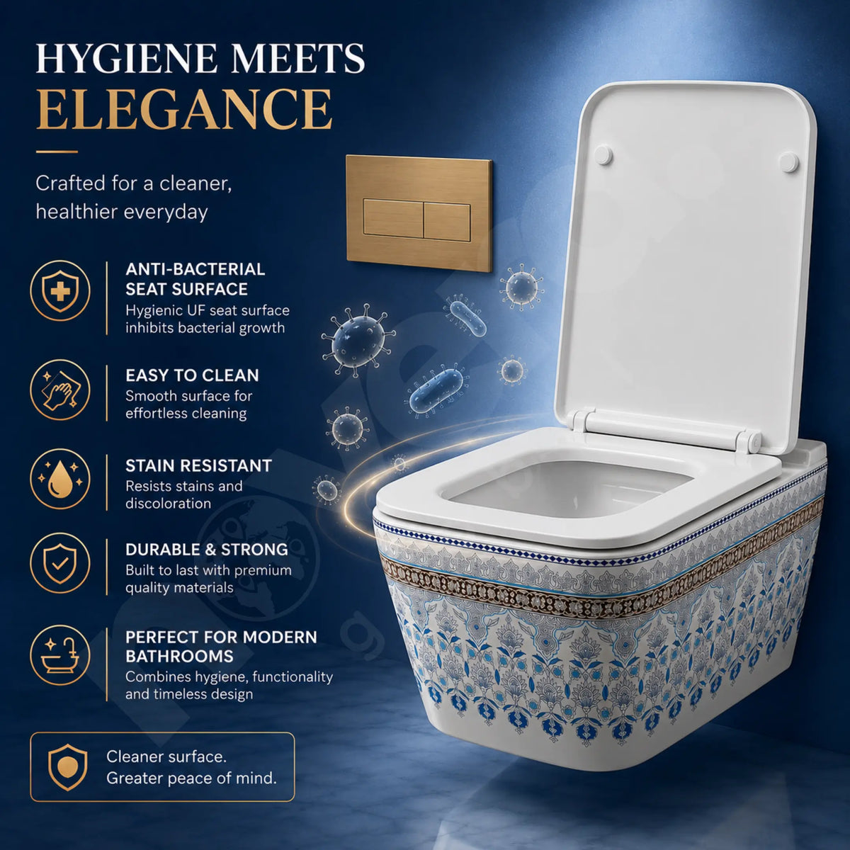 Novera Artistic Blue Floral Wall Hung Toilet Features