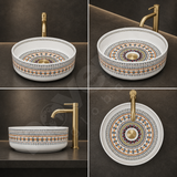 Novera Global Designer Ceramic Table Top Wash Basin | Round Above Counter Vessel Sink for Bathroom Vanity | 5-Years Warranty | Mandala Art Countertop Wash Bowl | Glossy Finish Wash Basin (WHITE)