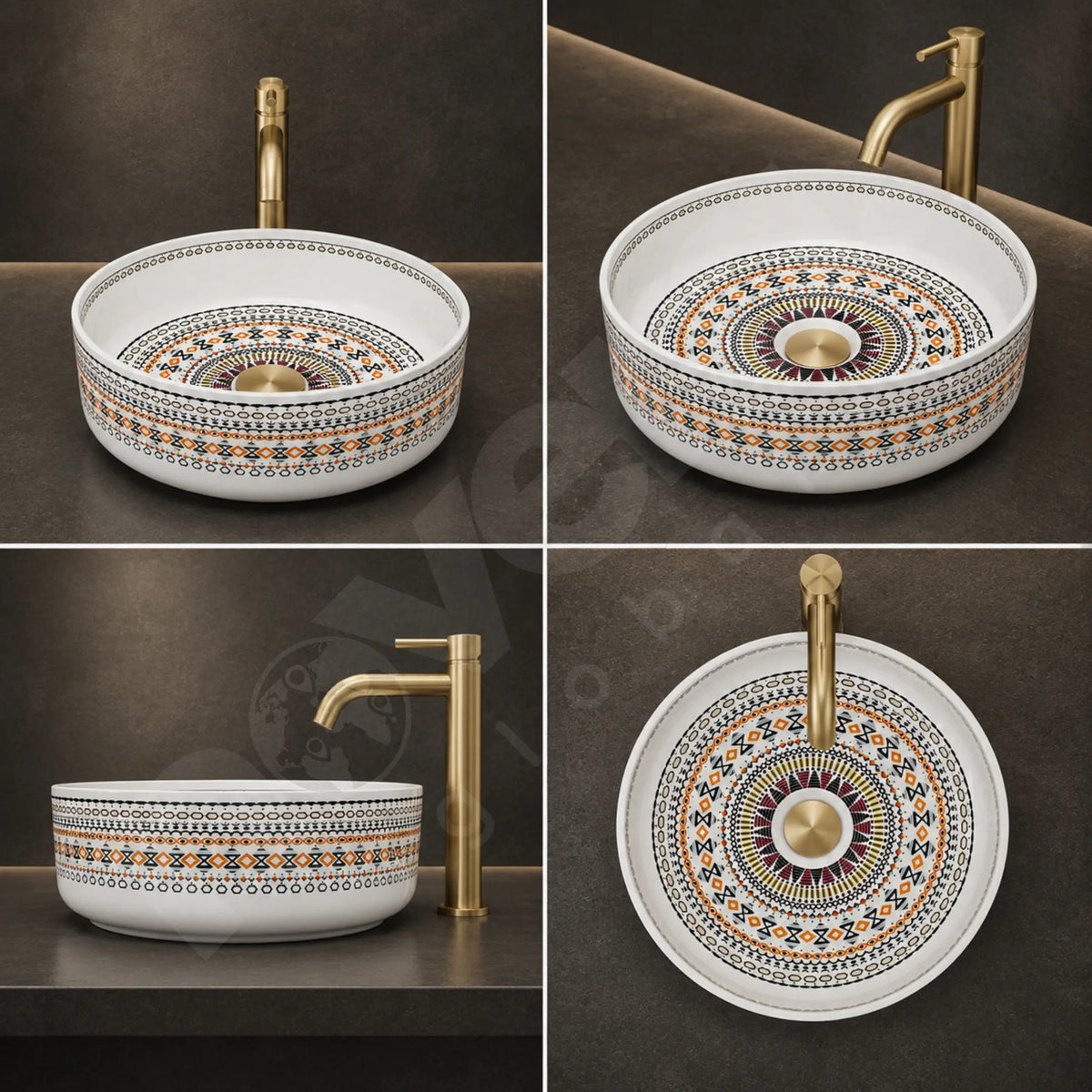 Novera Global Designer Ceramic Table Top Wash Basin | Round Above Counter Vessel Sink for Bathroom Vanity | 5-Years Warranty | Mandala Art Countertop Wash Bowl | Glossy Finish Wash Basin (WHITE) Novera Global