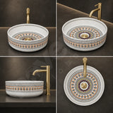 Novera Global Designer Ceramic Table Top Wash Basin | Round Above Counter Vessel Sink for Bathroom Vanity | 5-Years Warranty | Mandala Art Countertop Wash Bowl | Glossy Finish Wash Basin (WHITE) Novera Global