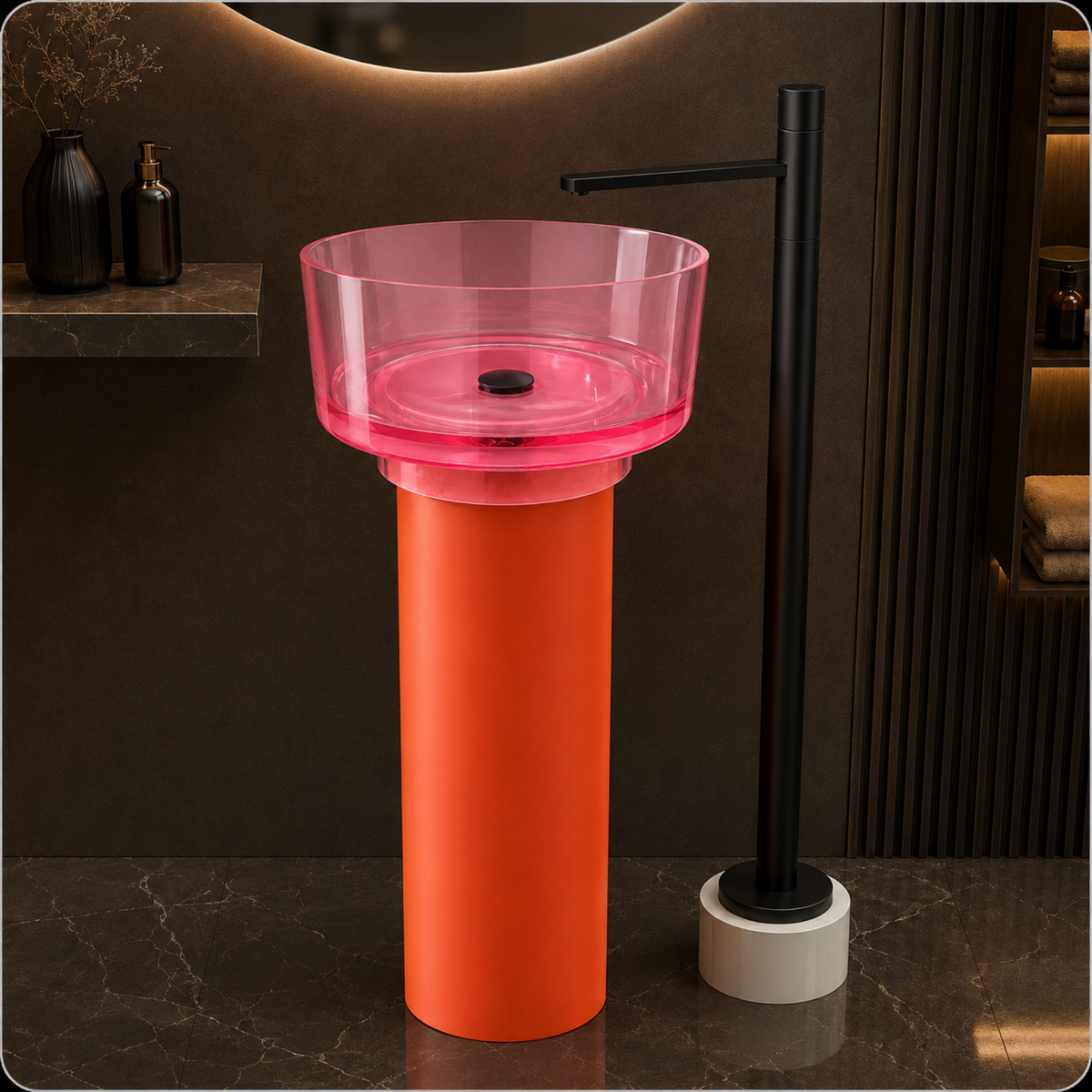 Novera Global Duet Pedestal Wash Basin | 10-Years Warranty | Freestanding Resin + Solid Surface, Translucent Rose Pink Bowl with Orange Pedestal | Floor Standing Designer Basin with Black Drainer, 450 x 450 x 900 mm
