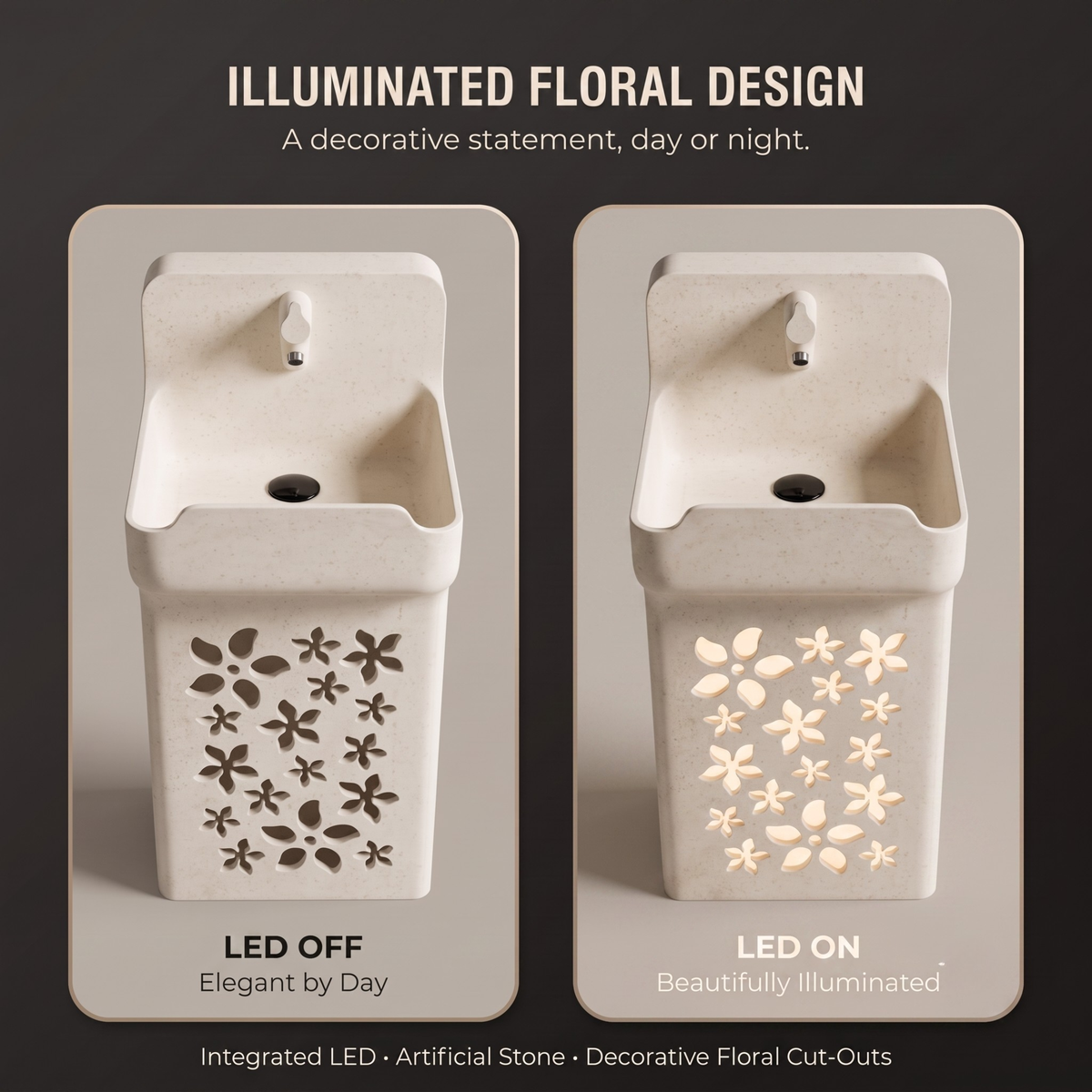 Novera Global Blossom Freestanding Pedestal Wash Basin | 10-Year Warranty | Luxury Artificial Stone Floor Standing Designer Basin with Warm LED Floral Design Bathroom Sink | Matching Faucet & Drain Included