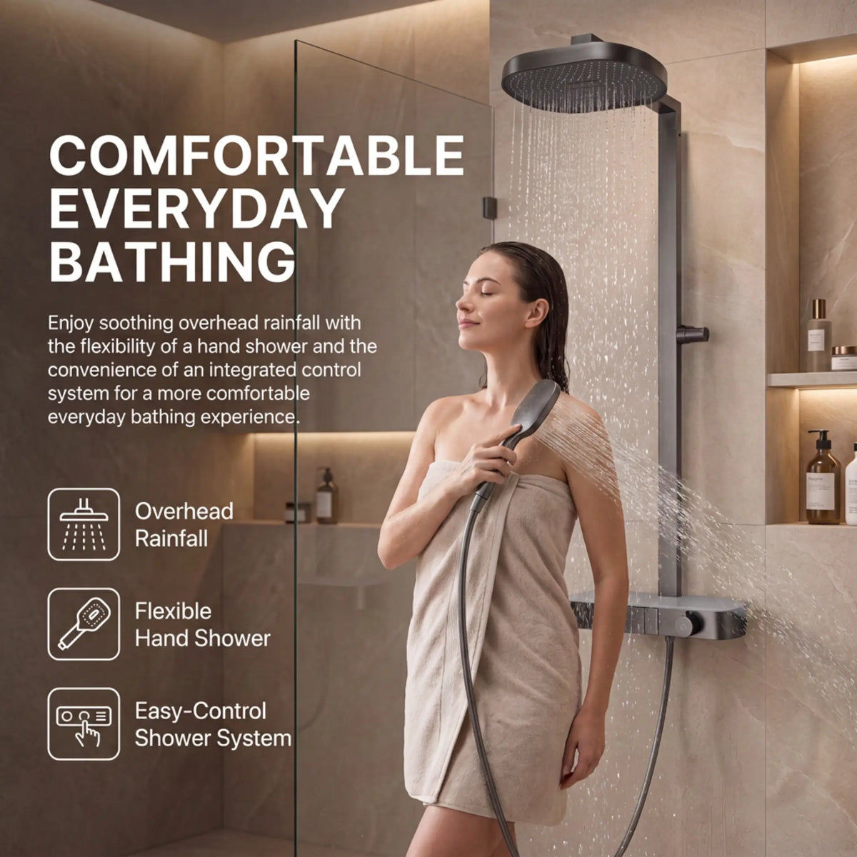 Rain Shower Set for Bathroom –3-in-1 Function Panel Overhead Rain & Hand Shower, Waterfall Spout | Mixer with Hot & Cold Dual Knob, Adjustable Height Shower, Wall-Mounted (Gunmetal Grey) Novera Global