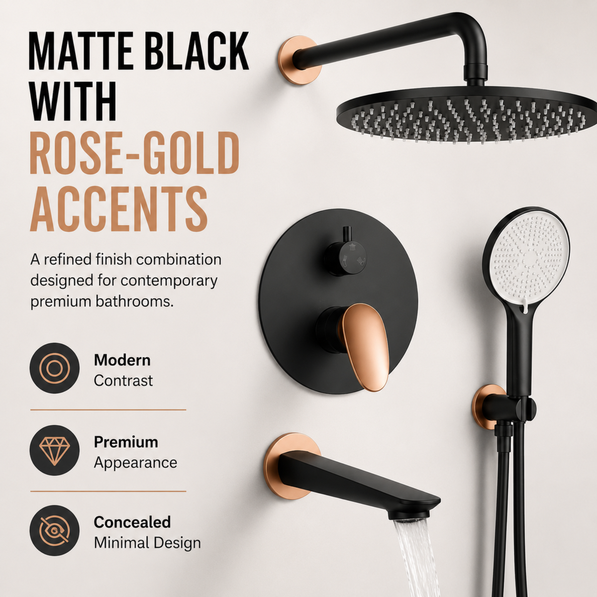 Novera Global Concealed Shower Set for Bathroom – 3-in-1 In-Wall Brass Shower System with Overhead Rain Shower, Hand Shower & Wall Spout, Diverter & Hot/Cold Mixer (Matte Black with Rose-Gold Accents)