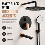 Novera Global Concealed Shower Set for Bathroom – 3-in-1 In-Wall Brass Shower System with Overhead Rain Shower, Hand Shower & Wall Spout, Diverter & Hot/Cold Mixer (Matte Black with Rose-Gold Accents)