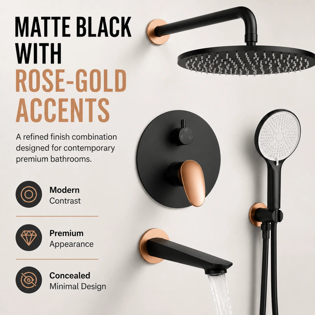 Novera Global Concealed Shower Set for Bathroom – 3-in-1 In-Wall Brass Shower System with Overhead Rain Shower, Hand Shower & Wall Spout, Diverter & Hot/Cold Mixer (Matte Black with Rose-Gold Accents) Novera Global