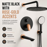 Novera Global Concealed Shower Set for Bathroom – 3-in-1 In-Wall Brass Shower System with Overhead Rain Shower, Hand Shower & Wall Spout, Diverter & Hot/Cold Mixer (Matte Black with Rose-Gold Accents) Novera Global