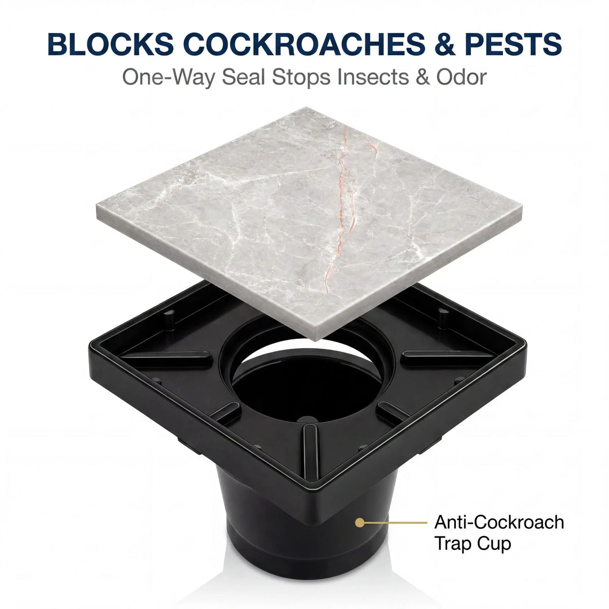 Novera Global Ceramic Square Tile Insert Floor Drain with Anti-Cockroach Trap Cup | Invisible Bathroom Drain Jali | 10-Year Warranty | Rust & Fade Proof Floor Waste Drain for Shower & Balcony (Black) Novera Global