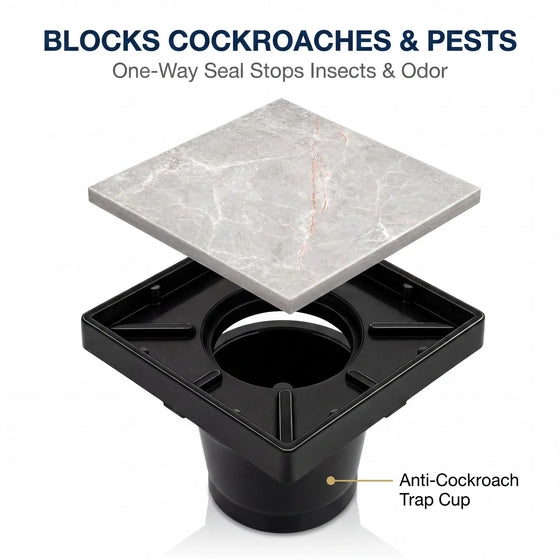 Novera Global Ceramic Square Tile Insert Floor Drain with Anti-Cockroach Trap Cup | Invisible Bathroom Drain Jali | 10-Year Warranty | Rust & Fade Proof Floor Waste Drain for Shower & Balcony (Black) Novera Global