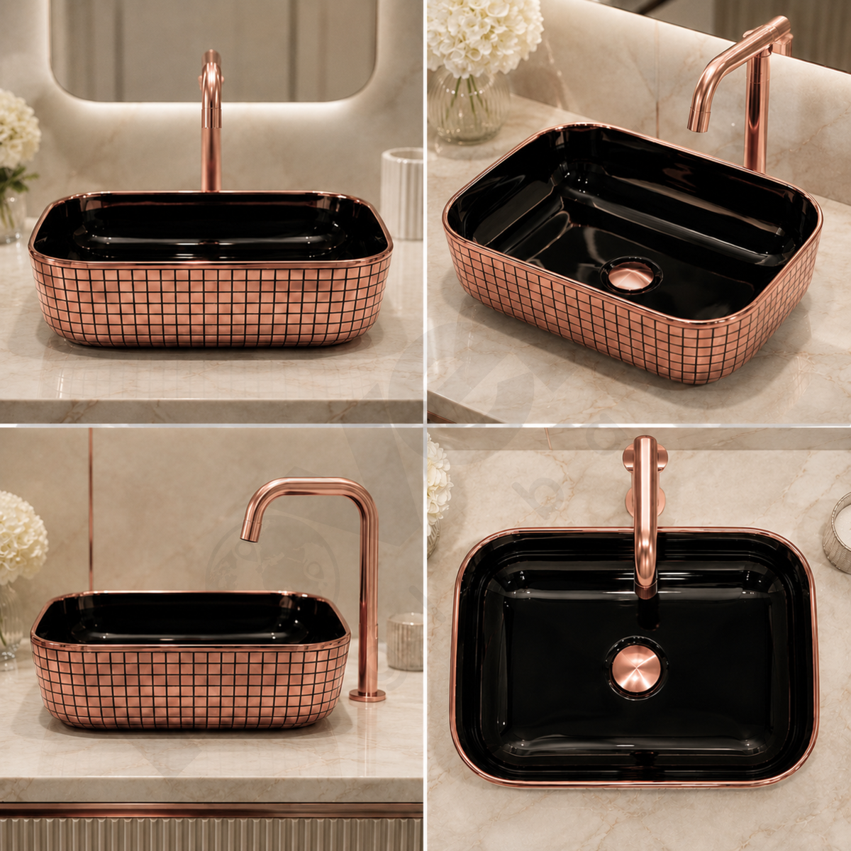 Novera Global Ceramic Table Top Wash Basin | Glossy Rectangular Vessel Sink | Above Counter Vessel Sink for Bathroom Vanity | 5-Year Warranty | Imported Glossy Countertop Wash Bowl (Black & Rose Gold)