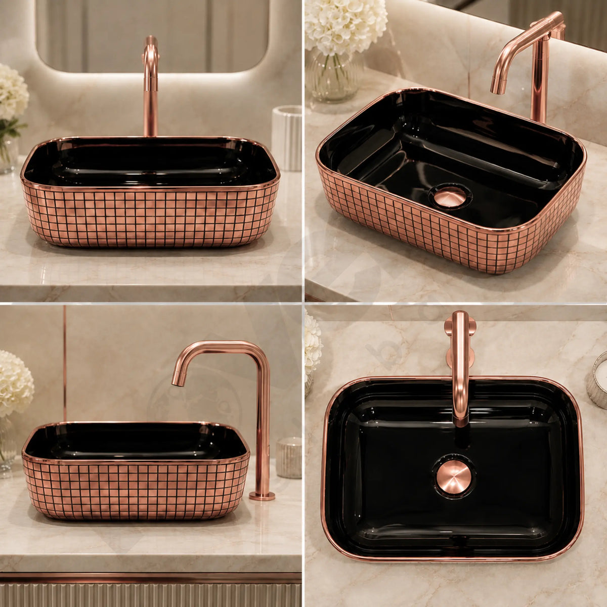 Novera Global Ceramic Table Top Wash Basin | Glossy Rectangular Vessel Sink | Above Counter Vessel Sink for Bathroom Vanity | 5-Year Warranty | Imported Glossy Countertop Wash Bowl (Black & Rose Gold) Novera Global