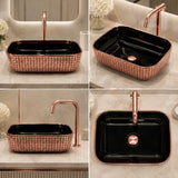 Novera Global Ceramic Table Top Wash Basin | Glossy Rectangular Vessel Sink | Above Counter Vessel Sink for Bathroom Vanity | 5-Year Warranty | Imported Glossy Countertop Wash Bowl (Black & Rose Gold) Novera Global