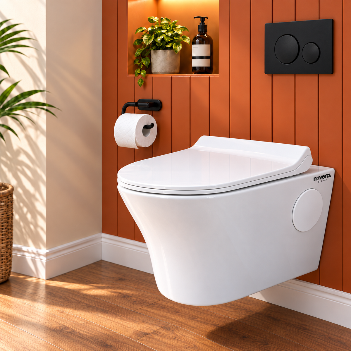 Novera Global Ceramic Wall Hung Toilet | Rimless Washdown Flushing | 15 Years Warranty | P-Trap Compatible Ceramic Western Commode with Soft-Close Seat Cover | 300 KG Load Tested | Glossy White