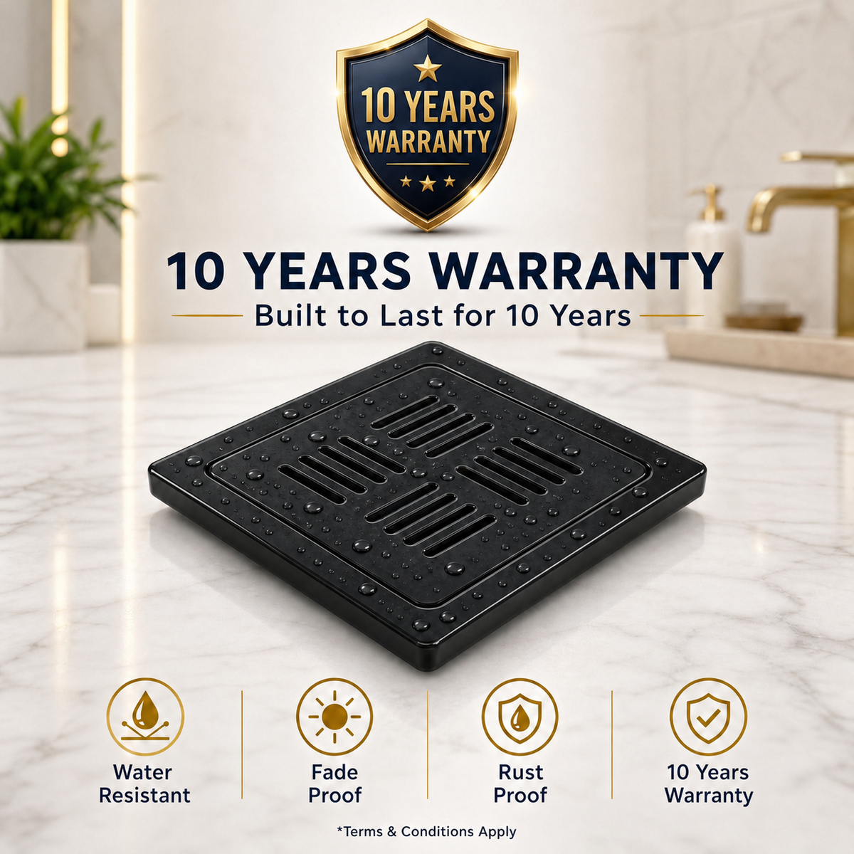 Novera Global Ceramic Square Slotted Floor Drain for Bathroom | Premium Drain Jali | 10-Year Warranty | Rust & Fade Proof Waste Water Drain Cover for Shower Area, Kitchen, Balcony & Wet Rooms (Black)