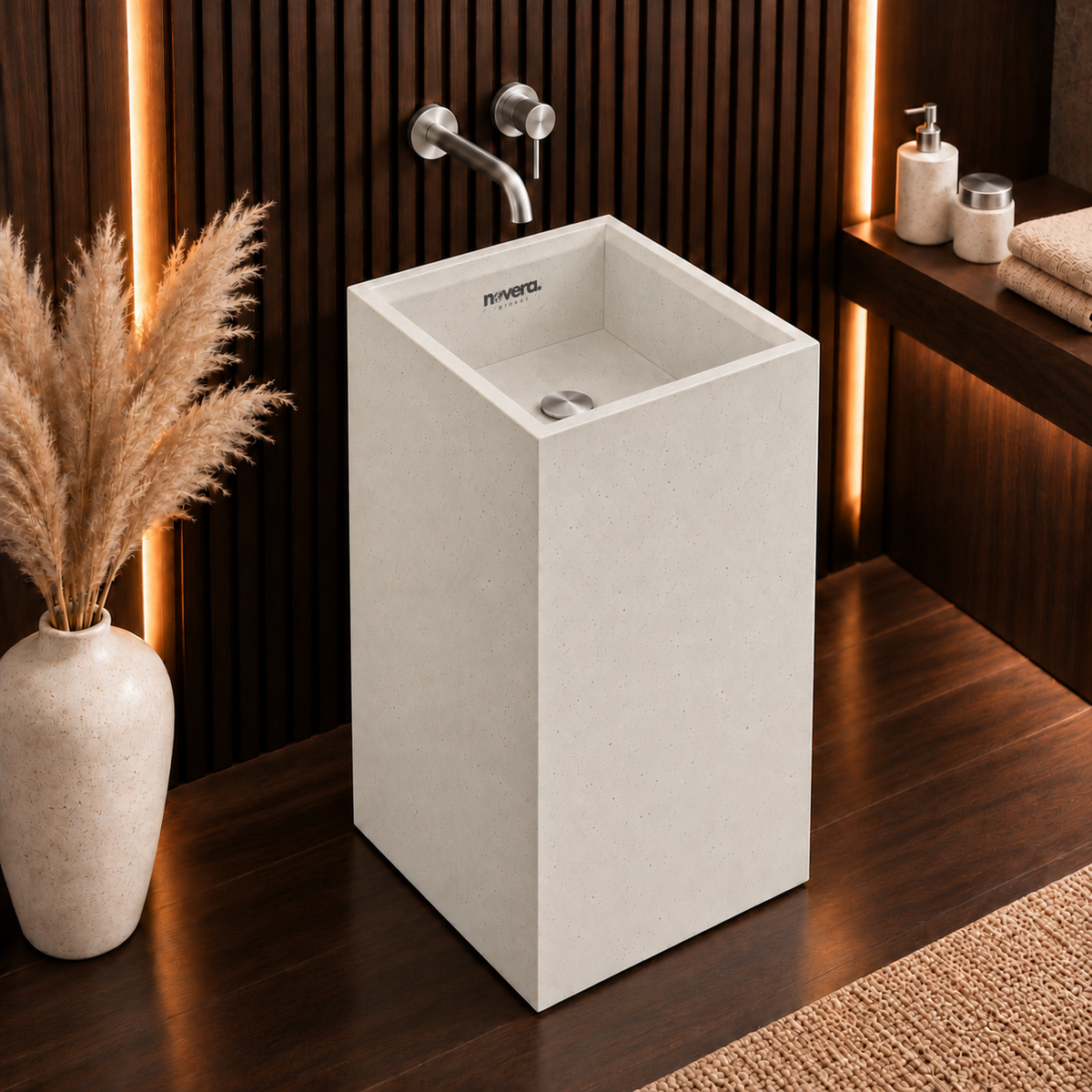 Novera Global Linen Floor Standing Pedestal Wash Basin | 15-Years Warranty | 15 mm Ceramic Slab Matte Finish Speckled off White | Flexible Floor or Wall Drain | Scratch, UV & Water Resistant bathroom Sink | Pop-up Drain Included