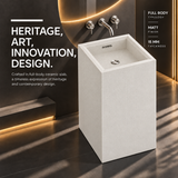Novera Global Linen Floor Standing Pedestal Wash Basin | 15-Years Warranty | 15 mm Ceramic Slab Matte Finish Speckled off White | Flexible Floor or Wall Drain | Scratch, UV & Water Resistant bathroom Sink | Pop-up Drain Included