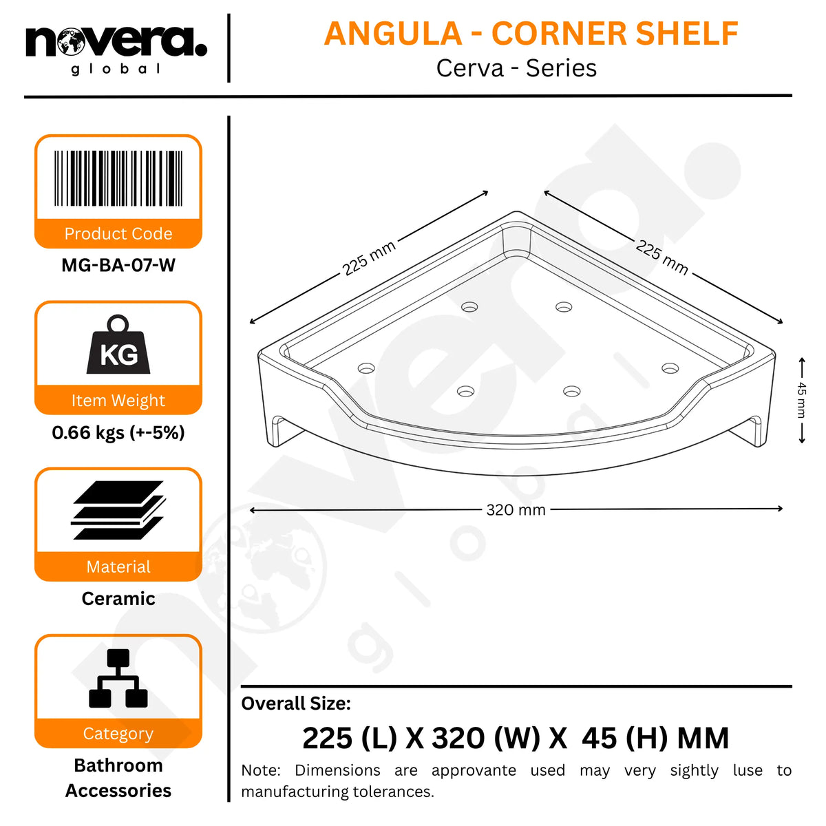 White Ceramic Corner Shelf Size Guide – Angula Bathroom Corner Storage Shelf with Installation Dimensions