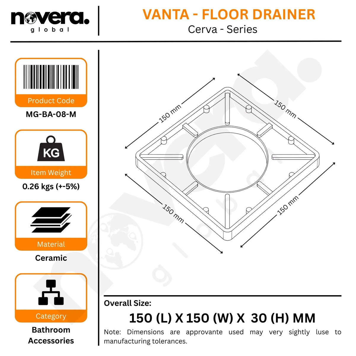 Novera Global Ceramic Square Tile Insert Floor | Invisible Bathroom Drain Jali | 10-Year Warranty | odor blocker drain | Rust & Fade Proof Floor Waste Drain for Shower, Kitchen & Balcony (Marble) Novera Global