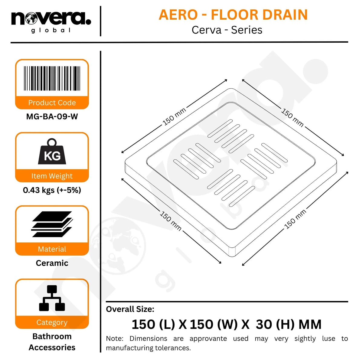 Royal Ceramic Square Floor Drain Technical Drawing with Hard Water Resistant Premium Finish