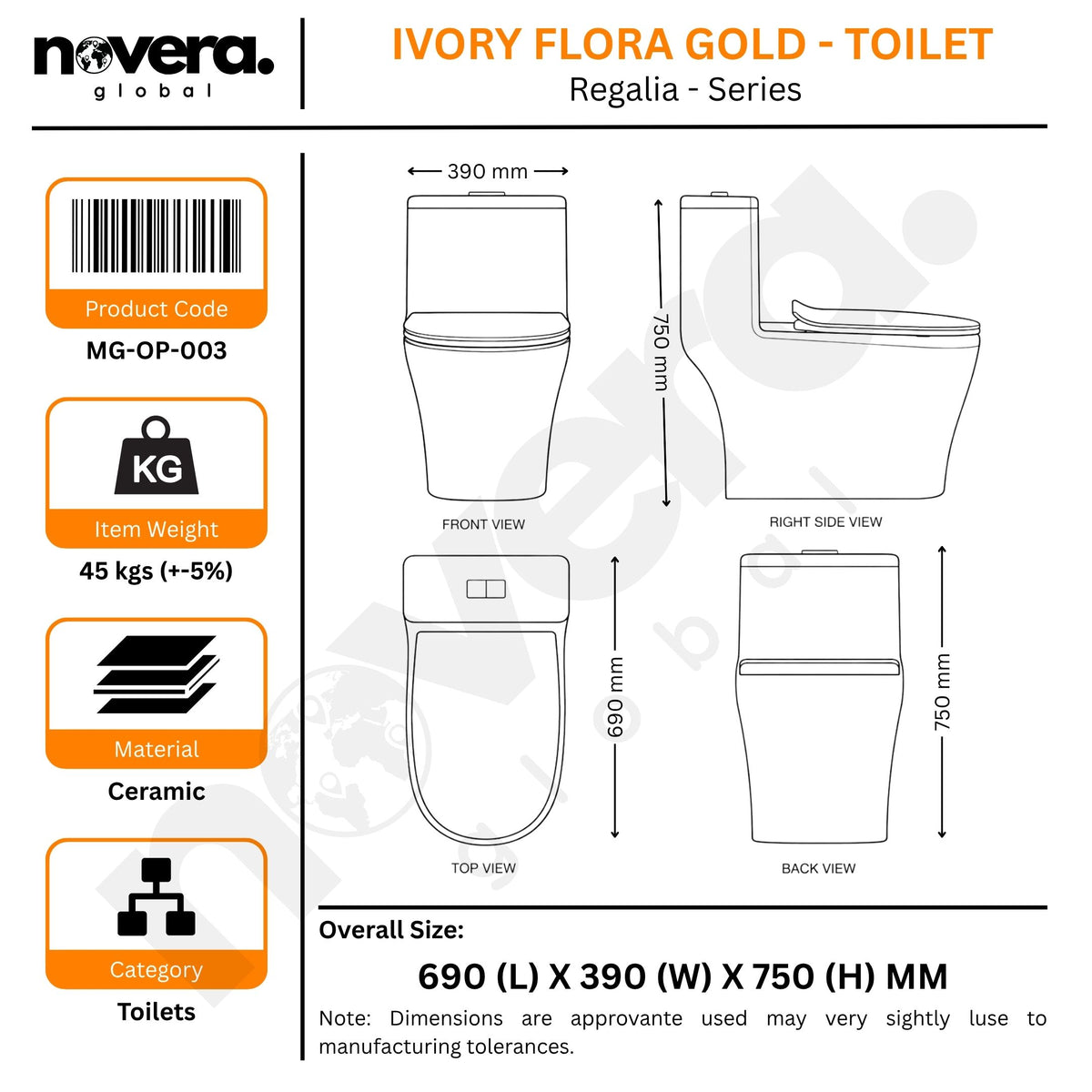 Novera Global Ivory Flora Gold One Piece Western Toilet | 300mm S-Trap | Soft-Close Gold Seat Cover | 5-Year Warranty | Floor Mounted Ceramic Commode with Dual Flush 3/6L | Wash Down Flushing | Water Saving