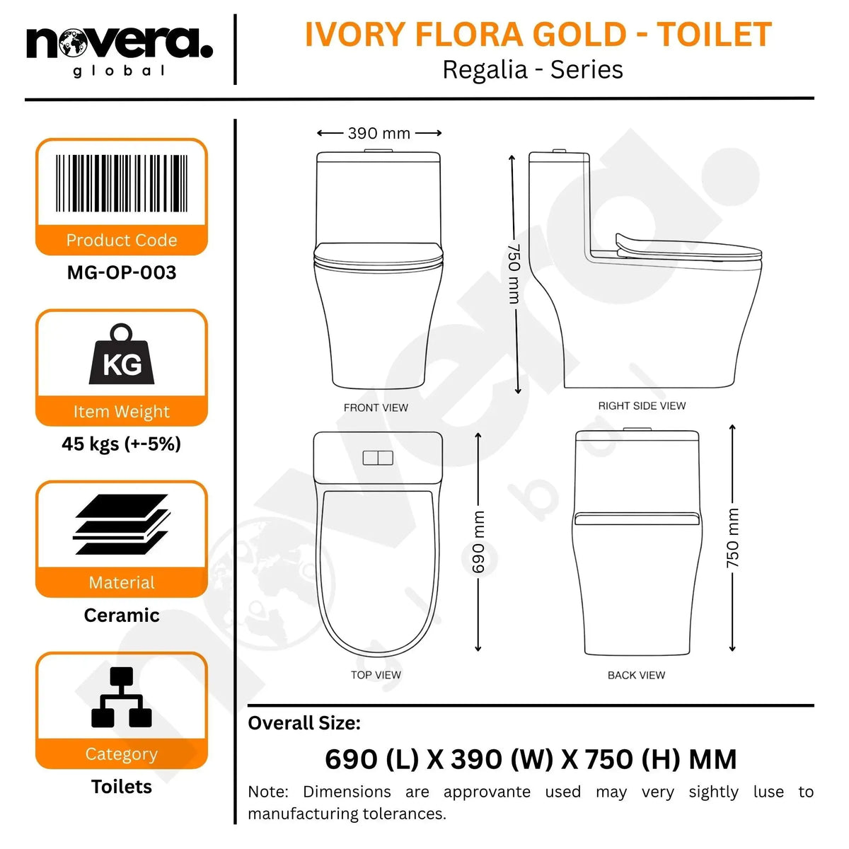 Novera Ivory Flora Gold One Piece Toilet Dimensions and Specifications