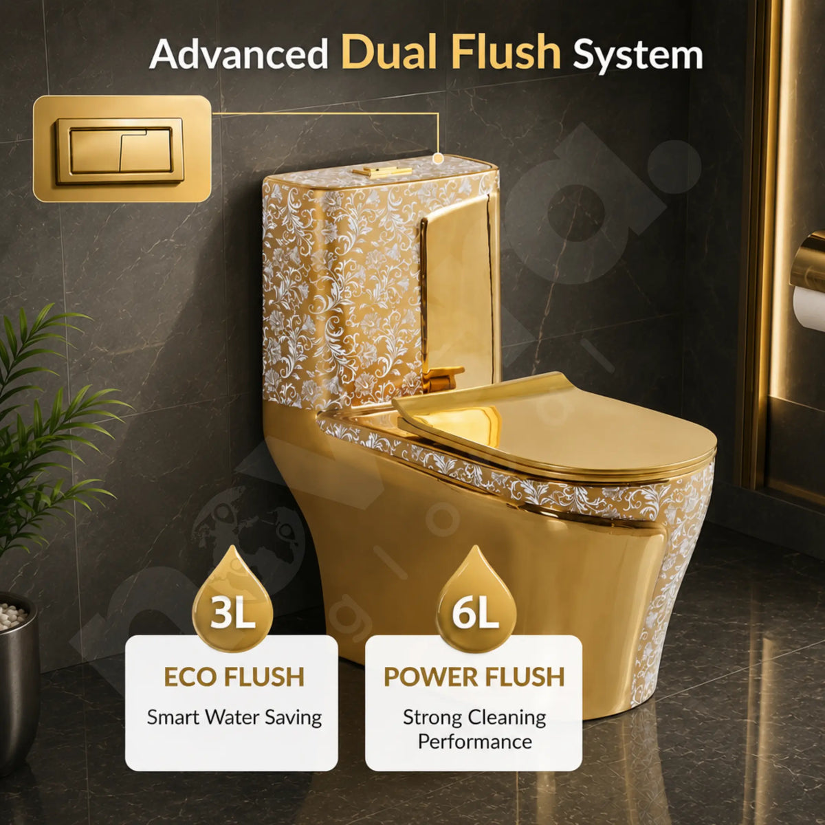 Advanced Dual Flush System in Gold One Piece Western Toilet