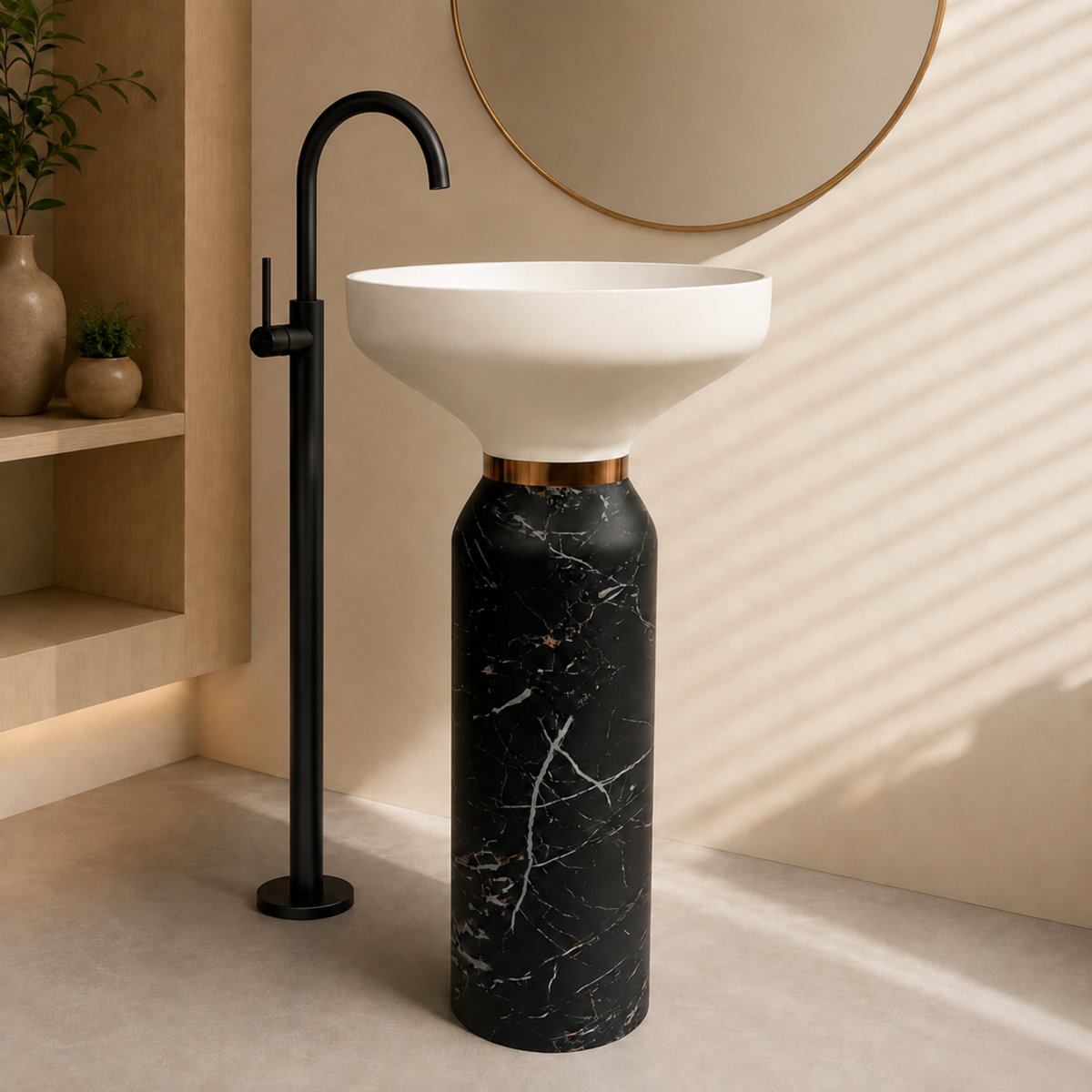 Novera Global Atlas Freestanding Pedestal Wash Basin | 10 Year Warranty | Artificial Stone Floor Standing Bathroom Sink | Matte White & Black Marble Look Pedestal Basin | Drain Included, 460 x 460 x 880 mm