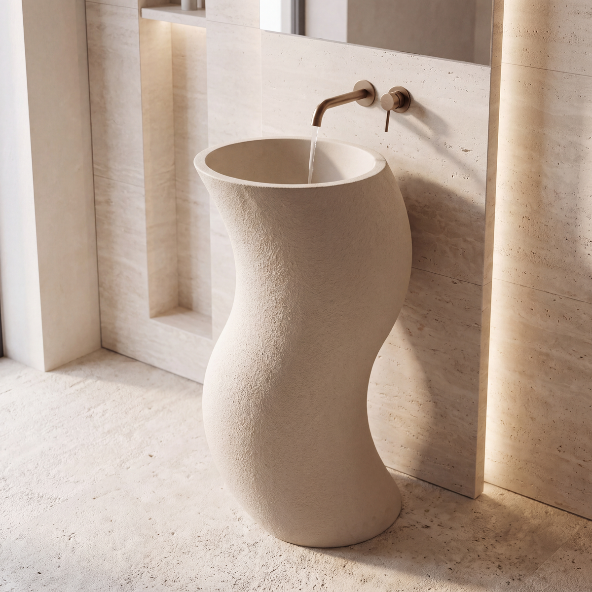 Novera Global Sway Freestanding Pedestal Wash Basin | 10-Years Warranty | Roca Series Artificial Stone Floor Standing Designer Basin | Luxury Pedestal Basin Bathroom Sink in Japanese Shape | Textured Matte Ivory Finish