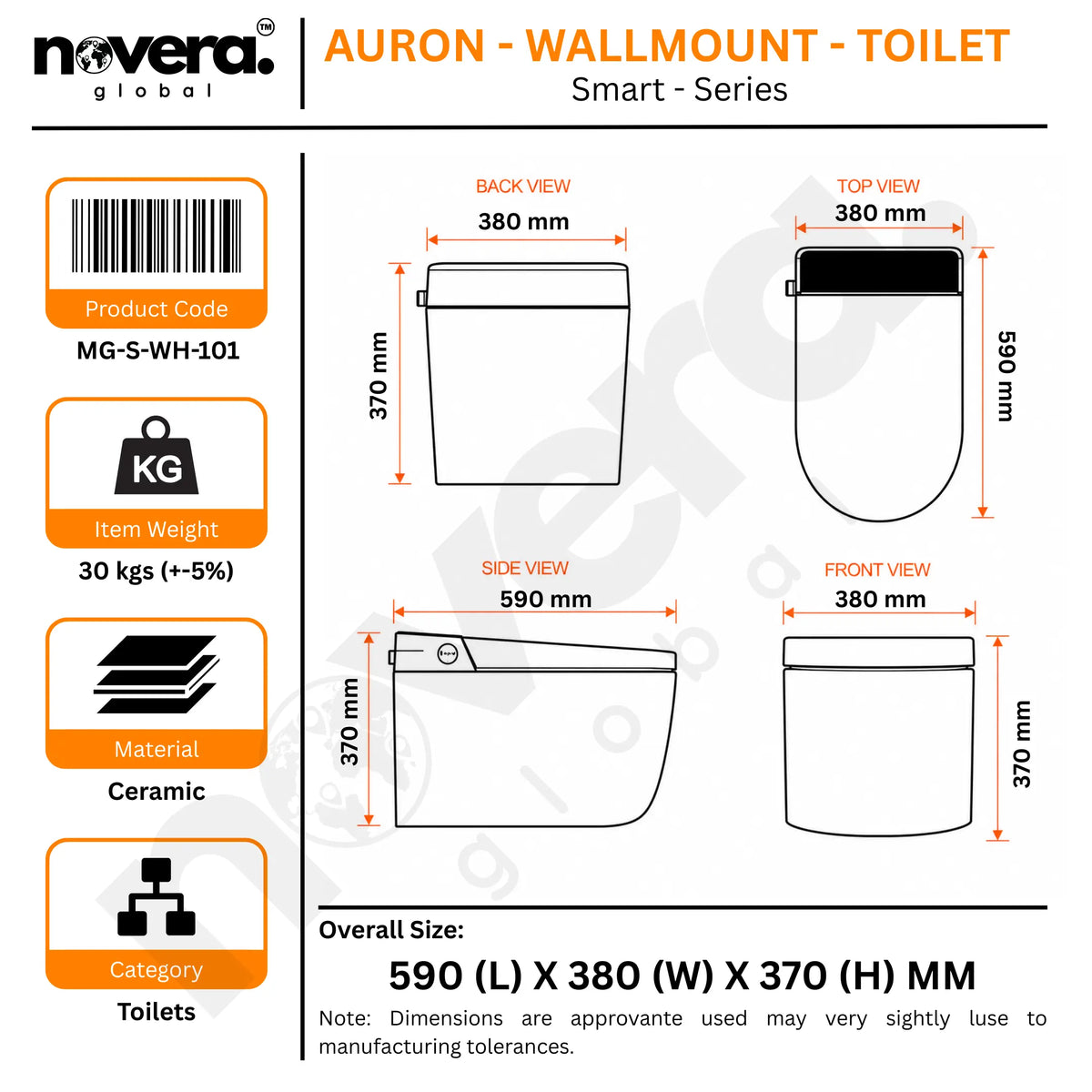 Novera Global Smart Wall Hung Toilet | 4-Way Smart Control Western Commode, Remote & Side Knob Control, Wireless Pad | 5 Year Warranty | Auto Lid, Foot Sensor, Heated Seat, Bidet Wash, Digital Display Novera Global