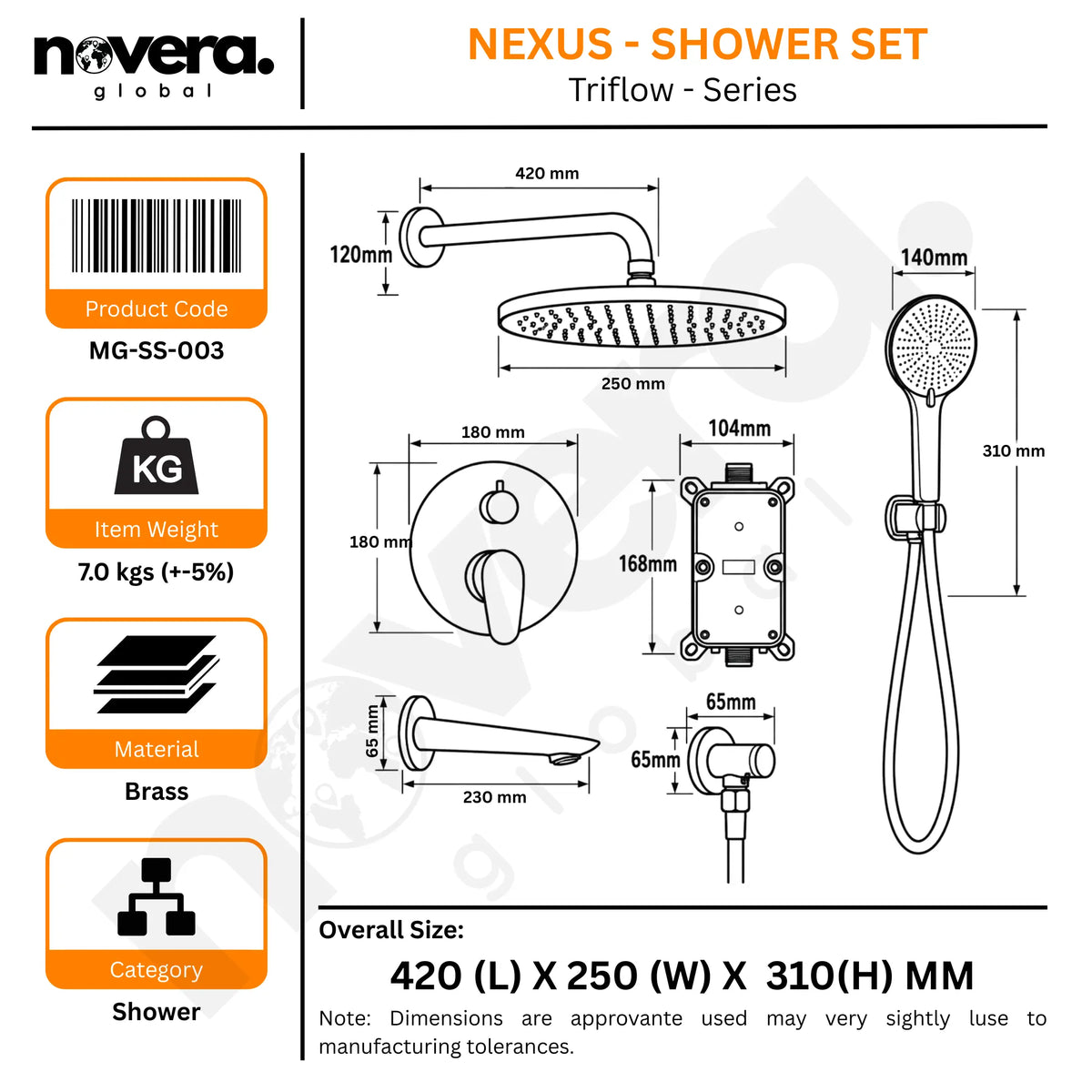 Novera Global Concealed Shower Set for Bathroom – 3-in-1 In-Wall Brass Shower System with Overhead Rain Shower, Hand Shower & Wall Spout, Diverter & Hot/Cold Mixer (Matte Black with Rose-Gold Accents) Novera Global