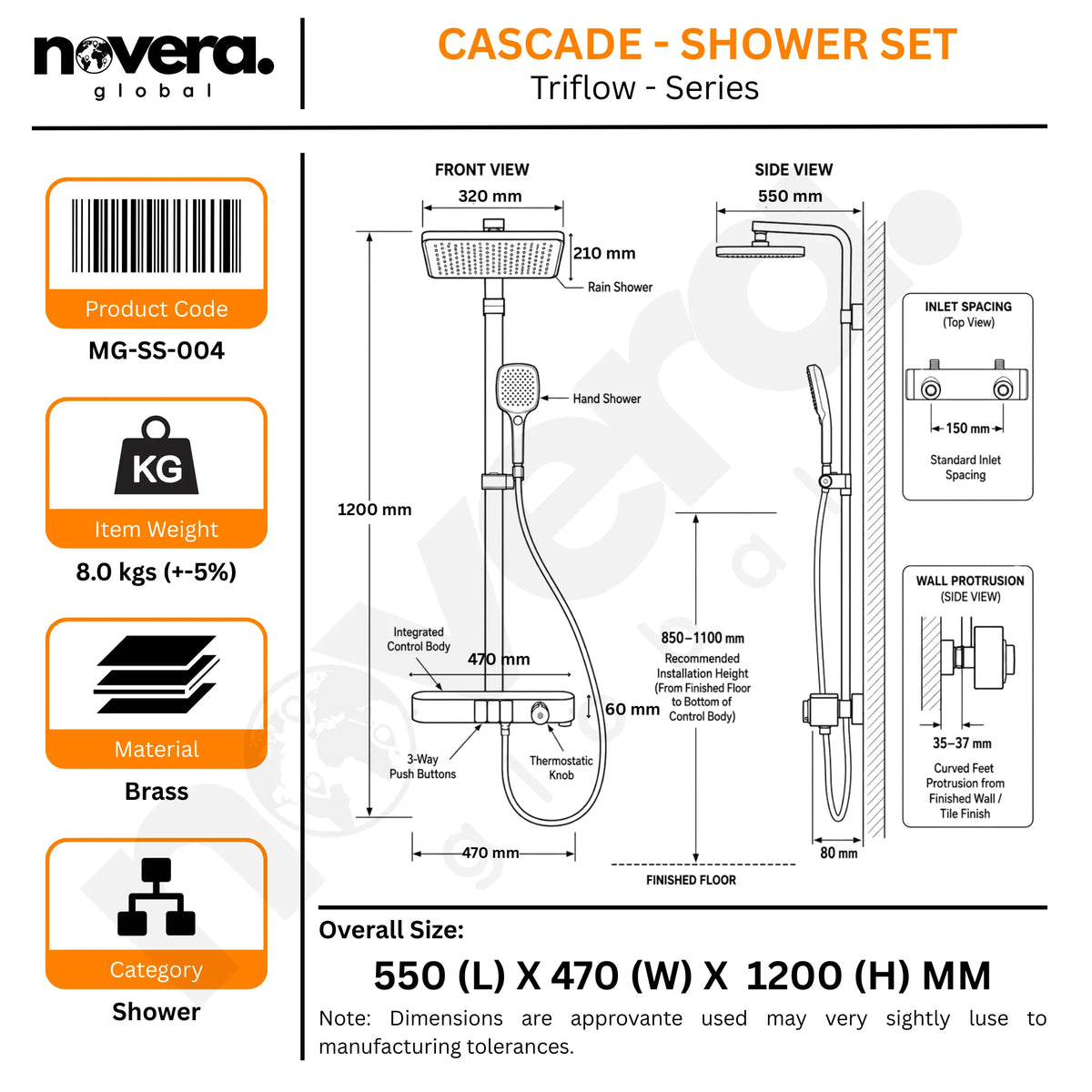 Rain Shower Set for Bathroom – 3-in-1 Function Panel Overhead Rain & Hand Shower, Waterfall Spout | Mixer with Hot & Cold Dual Knob, Adjustable Height Shower, Wall-Mounted (Brushed Gold) Novera Global