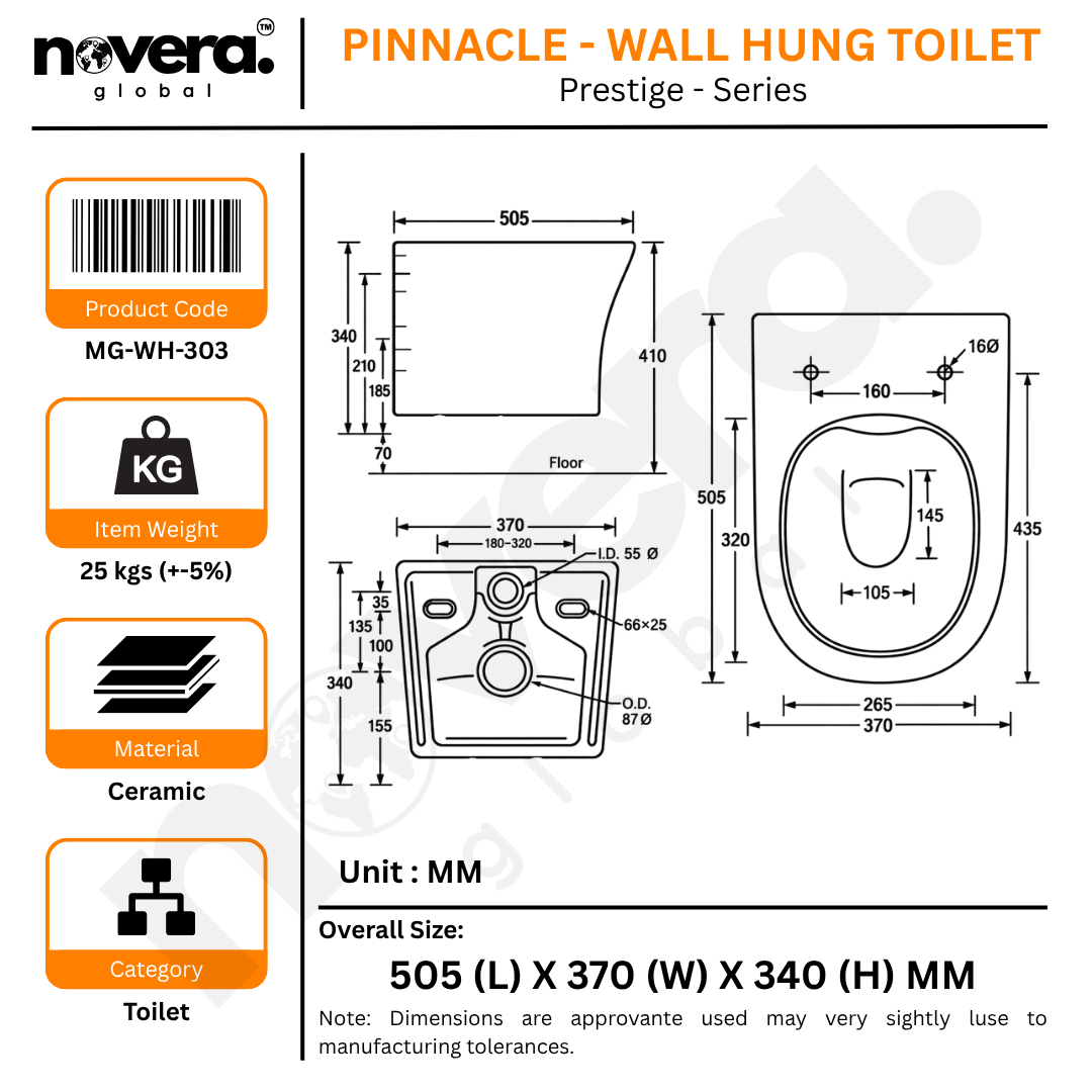 Novera Global Ceramic Wall Hung Toilet | Rimless Washdown Flushing | 15 Years Warranty | P-Trap Compatible Ceramic Western Commode with Soft-Close Seat Cover | 300 KG Load Tested | Glossy White