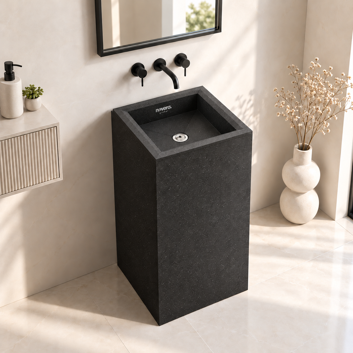 Novera Global Carbon Pedestal Wash Basin | Floor Standing Square Bathroom Sink | 15-Years Warranty | 15 mm Full Body Ceramic Slab, Matte Black Speckled Finish | Scratch, Water & UV Resistant | Pop-Up Drain Included