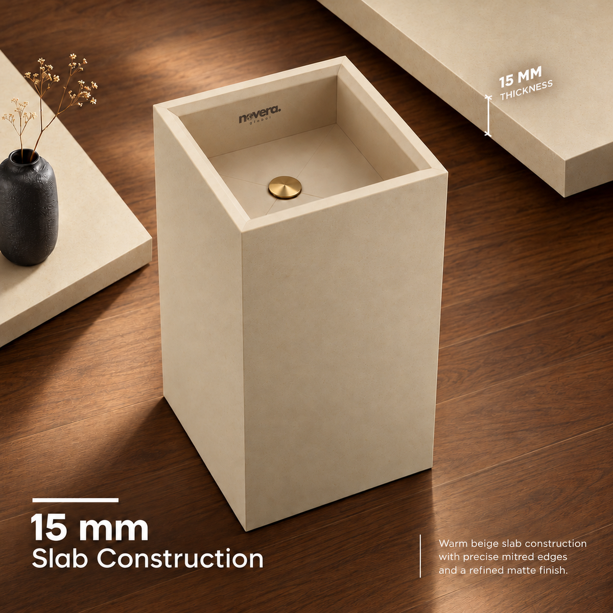 Novera Global Fawn Floor Standing Pedestal Wash Basin | 15-Years Warranty | 15 mm Ceramic Slab, Matte Finish Beige Square Bathroom Sink | Pop-Up Drain Included | Water, Scratch & UV Resistant Freestanding Wash Basin