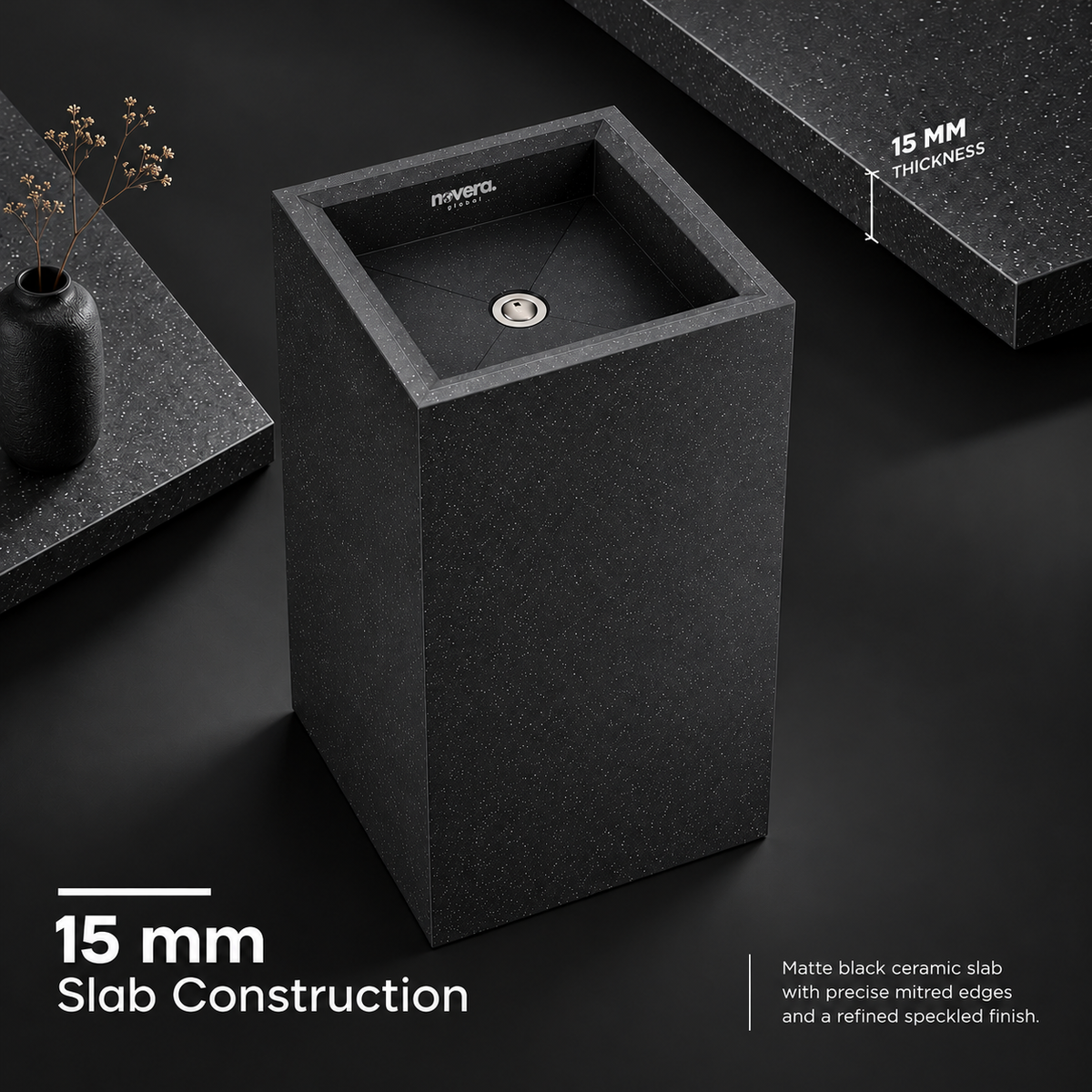 Novera Global Carbon Pedestal Wash Basin | Floor Standing Square Bathroom Sink | 15-Years Warranty | 15 mm Full Body Ceramic Slab, Matte Black Speckled Finish | Scratch, Water & UV Resistant | Pop-Up Drain Included