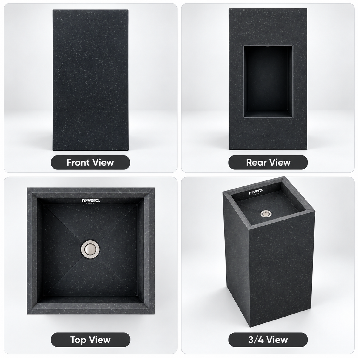 Novera Global Carbon Pedestal Wash Basin | Floor Standing Square Bathroom Sink | 15-Years Warranty | 15 mm Full Body Ceramic Slab, Matte Black Speckled Finish | Scratch, Water & UV Resistant | Pop-Up Drain Included