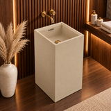 Novera Global Fawn Floor Standing Pedestal Wash Basin | 15-Years Warranty | 15 mm Ceramic Slab, Matte Finish Beige Square Bathroom Sink | Pop-Up Drain Included | Water, Scratch & UV Resistant Freestanding Wash Basin