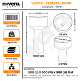 Novera Global Vesper Freestanding Pedestal Wash Basin | 10-Years Warranty | Smoked Translucent Resin Bowl & Solid Surface Base Pedestal | Floor Standing Designer Bathroom Basin with Drainer | 500 x 500 x 900 mm (Black & White)