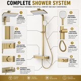 Novera Global Rain Shower Set for Bathroom – 3-in-1 Brass Shower System with Large Overhead Rain Shower, Multi-Mode Hand Shower, Waterfall Spout & Storage Shelf | Push-Button, Wall-Mounted (Brushed Gold)