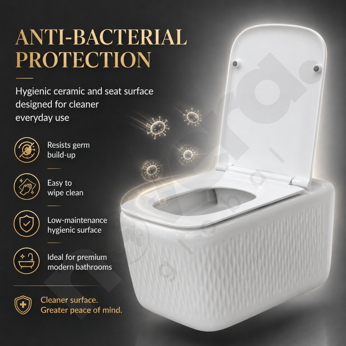 Novera Global Rimless Wall-Hung Commode | Ceramic Western Toilet with Soft-Close Seat Cover | 5-Year Warranty | P-Trap Wall-Mounted Bathroom WC | Antibacterial Washdown Flush (White Textured)