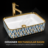 Novera Global Ceramic Table Top Wash Basin | Glossy Gold Rectangular Vessel Sink | Above Counter Vessel Sink for Bathroom Vanity | 5-Year Warranty | Glossy Countertop Wash Bowl (Blue Gold Mosaic)