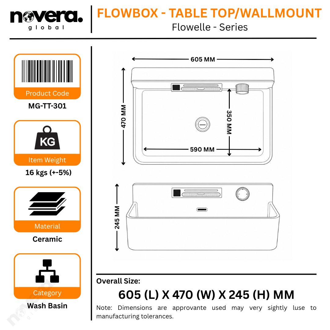 Novera Global FLOWBOX Ceramic Wash Basin for Bathroom with Built-In Faucet, Rain & Cascade Dual Water Flow, Hot Cold Mixer, Tabletop & Wall-Mount Installation, Glossy White, 60.5 × 47 × 24.5 cm